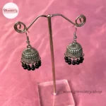 Antique Silver Beaded Jhumka Earrings - Image 2