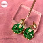 3D Emerald Floral Pearl Drop Earrings - Image 2