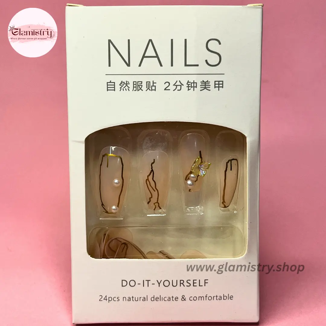 Arrivals soon at www.glamistry.shop (40) Minimal Pearl & Gold Line Press-On Nails – Elegant 3D Design (24pcs Set) - Image 1